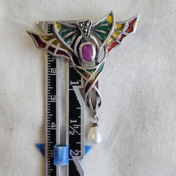 Vtg Sterling Ruby, Pearl, Marcasite Plique-a-Jour Enamel Brooch - Picture 10 of 11